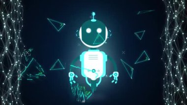 Sohbet robotu simgesi ve veri işleme animasyonu. Küresel yapay zeka, bağlantılar, ağlar, veri işleme ve dijital video arayüzü kavramı.
