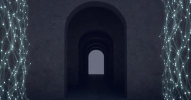 Karanlık arkaplanda bağlantı ağının animasyonu. Dijital olarak oluşturulmuş küresel bağlantılar, veri işleme ve dijital arayüz kavramı.