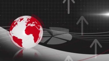 Turta grafiği ve ışık noktalarına doğru hareket eden dönen küre ve okların animasyonu. Küresel ağ ve iş veri teknolojisi kavramı