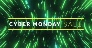 Siyah arka planda dönen yeşil ışık yollarının üzerinde siber pazartesi indirimli mesaj pankartı animasyonu. İndirim ve perakende iş konsepti