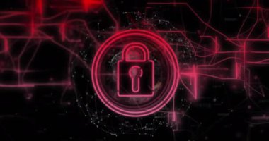 Siyah arkaplanda noktalar oluşturan daireler ve yön bulma desenlerindeki asma kilidin animasyonu. Dijital olarak üretilmiş, hologram, koruma, iletişim, küreselleşme ve teknoloji kavramı.