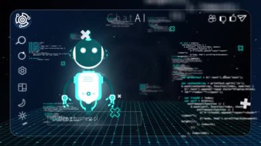 Sohbet robotu simgesi ve veri işleme animasyonu. Küresel yapay zeka, bağlantılar, ağlar, veri işleme ve dijital video arayüzü kavramı.