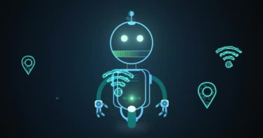 Sohbet robotu ikonu, dijital bulut ve kablosuz internet simgelerinin animasyonu. Küresel yapay zeka, bağlantılar, ağlar, veri işleme ve dijital video arayüzü kavramı.