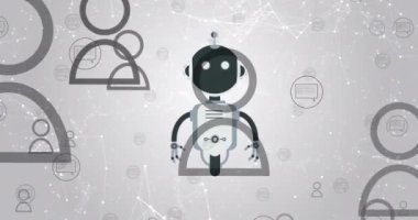Sohbet robotu simgesi ve veri işleme animasyonu. Küresel yapay zeka, bağlantılar, ağlar, veri işleme ve dijital video arayüzü kavramı.