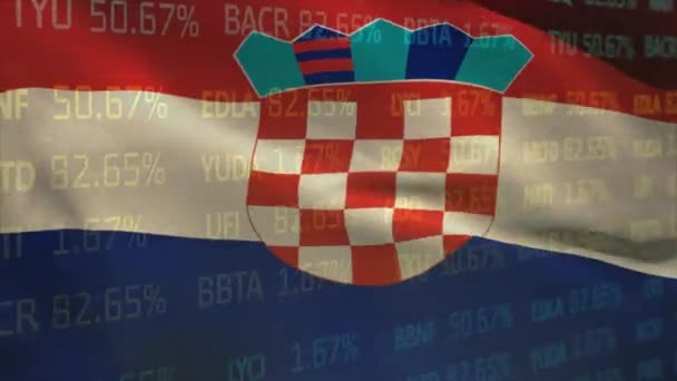Animación Procesamiento Datos Bursátiles Contra Ondear Bandera Croata Concepto Economía — Vídeo de stock