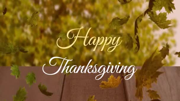 欢愉的感恩节文体和秋天的叶子飘扬在公园的木板上 感恩节和秋季的概念 — 图库视频影像