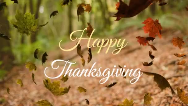 Animation Happy Thanksgiving Text Banner Autumn Leaves Falling Forest Thanksgiving — Stock Video