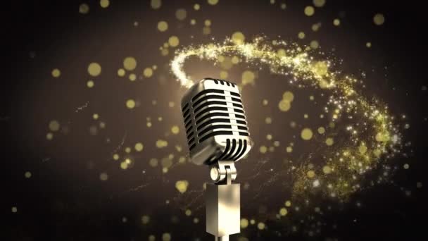 Animação Microfone Sobre Manchas Amarelas Estrela Cadente Contra Fundo Cinza — Vídeo de Stock