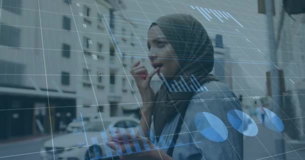 Animation Financial Data Processing Happy Biracial Woman Hijab Applying Lip — Stock Video