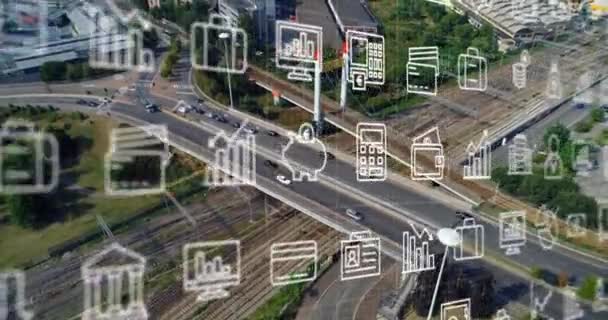 Animation Multiple Icons Aerial View Moving Vehicles Roads City Digital — Stock Video