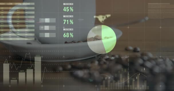 Animação Interface Infográfica Multicolorida Sobre Grãos Café Xícara Mesa Composto — Vídeo de Stock