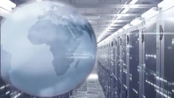 Animering Roterande Glob Över Staplar Dataservsystem Serverrummet Digital Komposit Multipla — Stockvideo