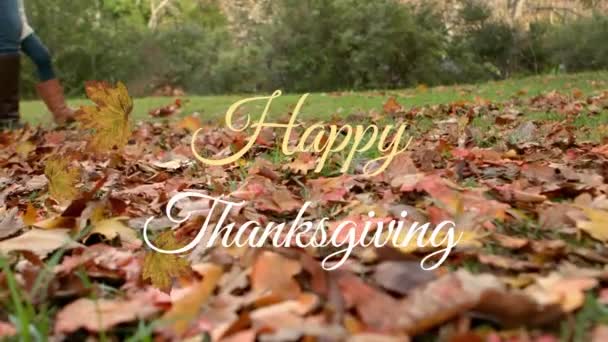 动情的感恩文字 秋天的叶子与低阶层的人在公园里散步 感恩节和秋季的概念 — 图库视频影像
