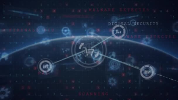 Animatie Van Het Netwerk Van Digitale Pictogrammen Ronde Scanners Cyber — Stockvideo