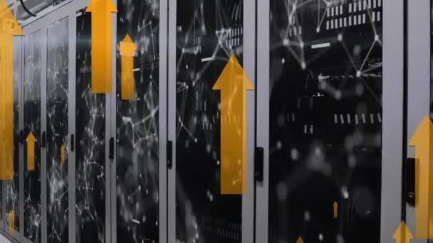 Animation Multiple Arrow Icons Moving Upwards Network Connections Server Room — Stock Video