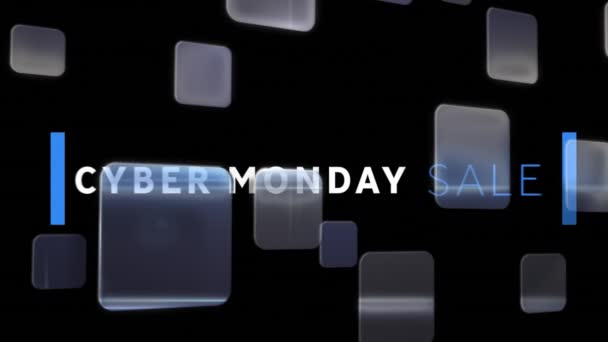 Animacja Cyber Poniedziałkowego Tekstu Kwadratów Czarnym Tle Cyfrowo Generowane Hologram — Wideo stockowe