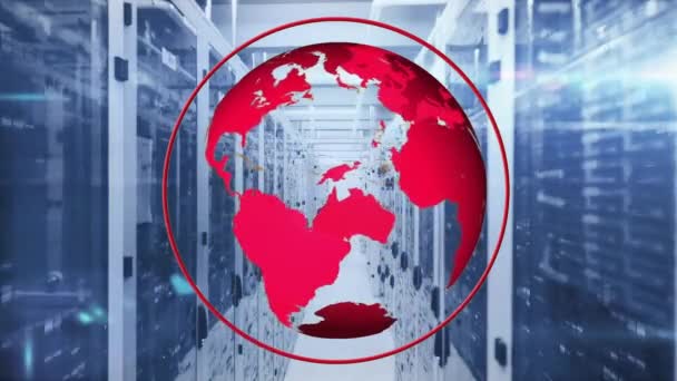 Animatie Van Roterende Wereldbol Cirkel Balken Data Server Racks Serverruimte — Stockvideo