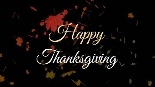 欢快感恩的动画文字横幅和秋天的树叶在黑色的背景下飘扬 感恩节和秋季的概念 — 图库视频影像