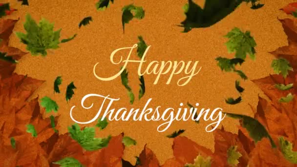 Animáció Boldog Hálaadás Szöveg Banner Őszi Levelek Alá Narancssárga Háttér — Stock videók