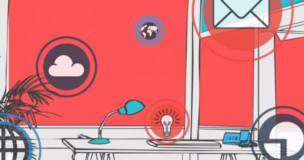 Kommunikations Und Mediensymbole Über Schreibtisch Büro Durch Fenster Mit Rotem — Stockvideo