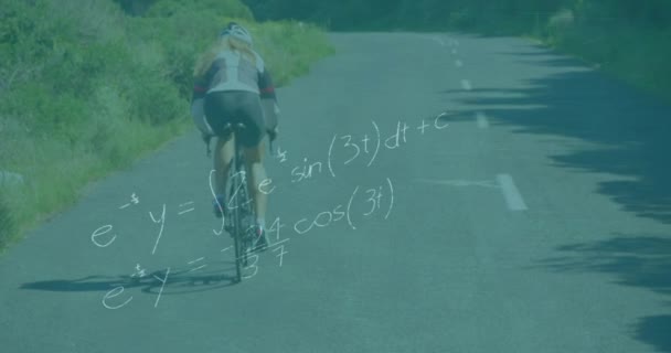 Animation Mathematischer Gleichungen Über Die Rückansicht Einer Radfahrerin Auf Der — Stockvideo