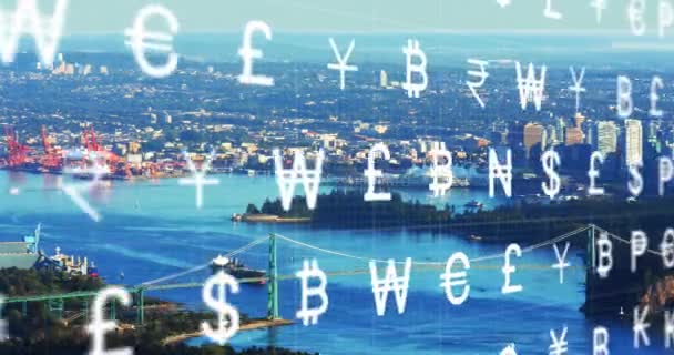 通貨シンボルのアニメーションは 現代の都市に対して海に移動するボートの時間の経過とともに デジタル複合 複数の露出 ビジネス 建築コンセプト — ストック動画
