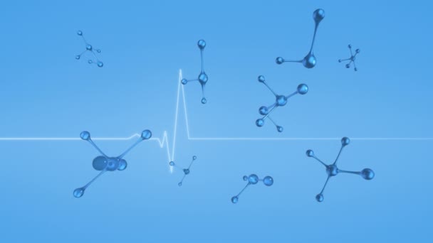 浮遊するヌクレオチドと青い背景に対する心臓リズムのアニメーション デジタル生成 ホログラム イラスト 電気カルディオグラム 技術コンセプト — ストック動画