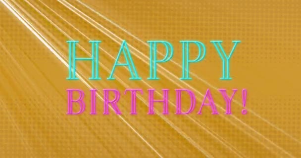 黄色の背景に対するライトトレイル上のネオンハッピーバースデーテキストバナーのアニメーション 誕生日パーティーやお祝いのコンセプト — ストック動画
