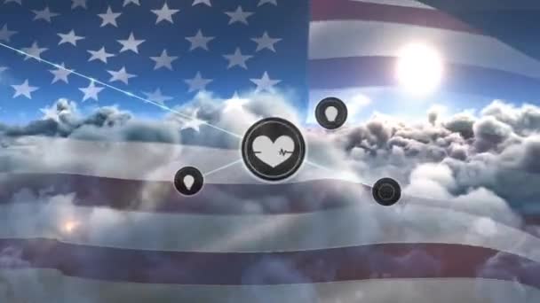 Animation Network Digital Icons Clouds Sun Sky Waving American Flag — Stock Video