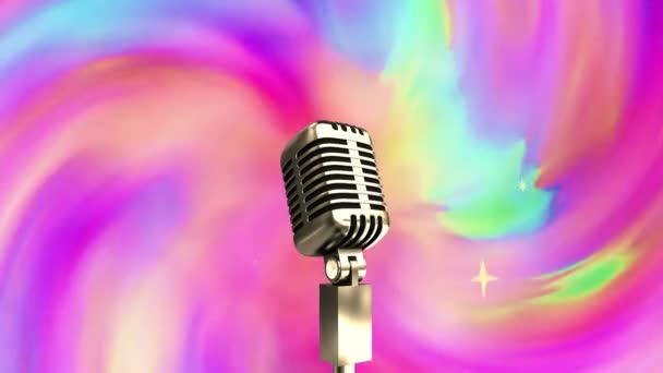 Анимация Микрофона Над Сияющими Звёздами Иконками Красочными Градиентными Цифровыми Волнами — стоковое видео