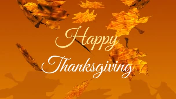 欢愉的感恩节文字的动画横幅和秋天的树叶落在橙色的背景上 感恩节和秋季的概念 — 图库视频影像