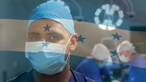 Animation Honduras Flag Portrait Biracial Male Surgeon Surgical Mask Hospital — Stock Video