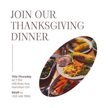 Yemek masasında yemek yerken şükran günü yemeği mesajımıza katılmanın birleşimi. Şükran Günü, Amerikan geleneği ve kutlaması, sonbahar, sonbahar konsepti dijital olarak oluşturulmuş imaj.