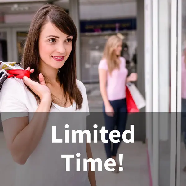 Limited time text over smiling caucasian woman with bags window shopping. Retail shopping and business sale promotion concept digitally generated image.