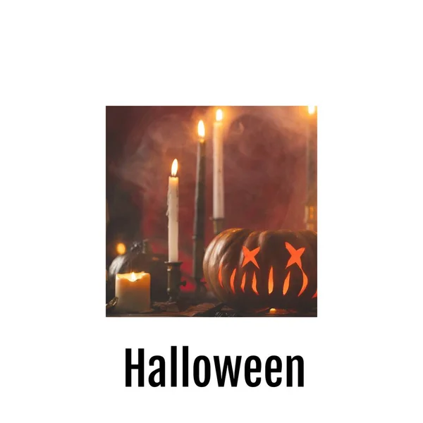 Samengesteld Uit Halloween Tekst Halloween Pompoen Kaarsen Oranje Achtergrond Halloween — Stockfoto