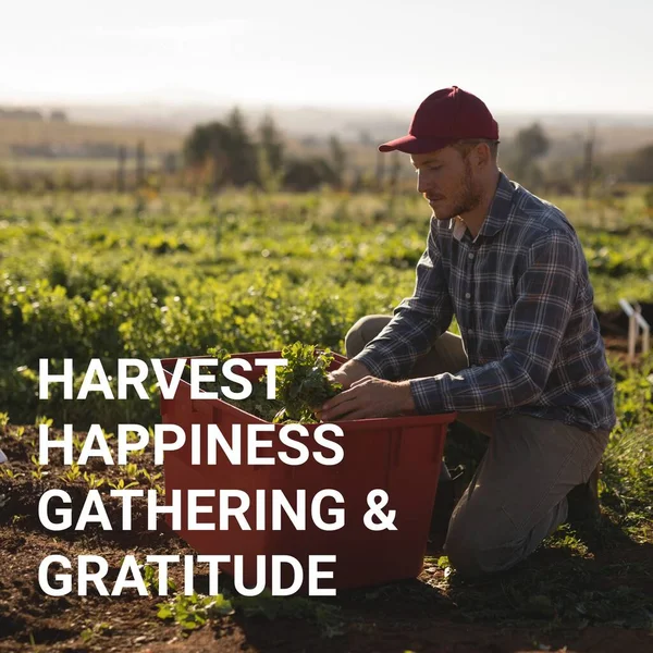 Hasat Mutluluk Toplanma Minnettarlık Metni Mahsul Toplayan Beyaz Erkek Çiftçi — Stok fotoğraf
