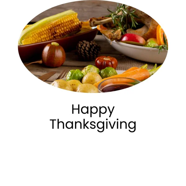 Happy thanksgiving text on white with thanksgiving roast vegetables and turkey on table. Thanksgiving, harvest festival, american tradition, family and autumn celebration digitally generated image.