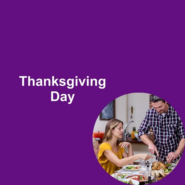 Thanksgiving Day Text Purple Caucasian Parents Son Dinner Table Thanksgiving — Stock Photo, Image