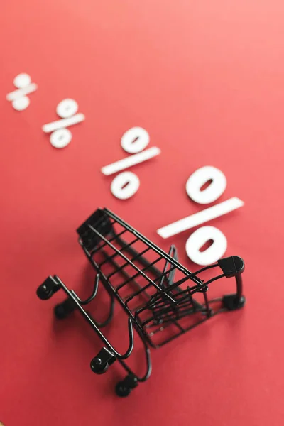 Shopping Trolley White Percent Signs Copy Space Red Background Black — Stock Photo, Image