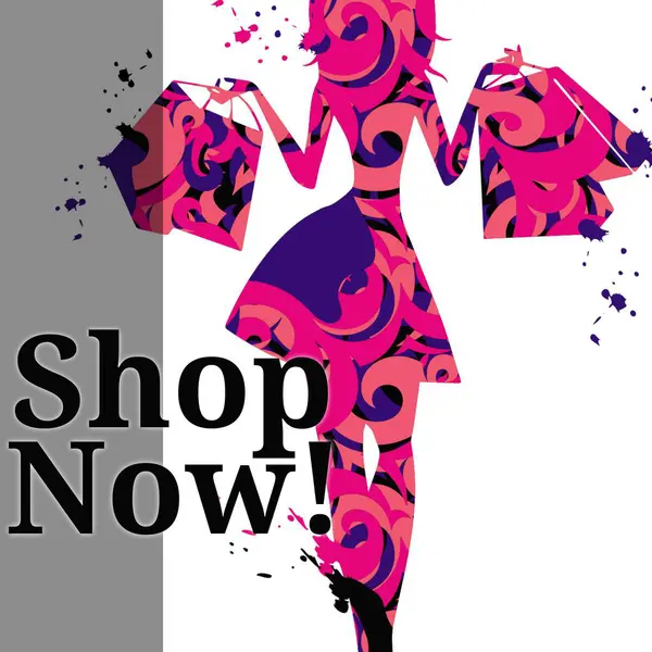 商店现在的文字在彩色的轮廓妇女携带白色背景购物袋 零售购物和商业促销概念数字生成的形象 — 图库照片
