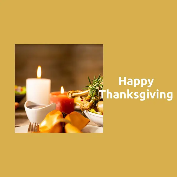 Happy thanksgiving text on yellow with candles on thanksgiving dinner table. Thanksgiving, harvest festival, american tradition, family and autumn celebration digitally generated image.