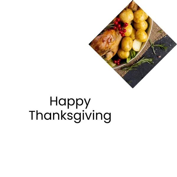 Happy thanksgiving text on white with thanksgiving turkey dinner on table. Thanksgiving, harvest festival, american tradition, family and autumn celebration digitally generated image.