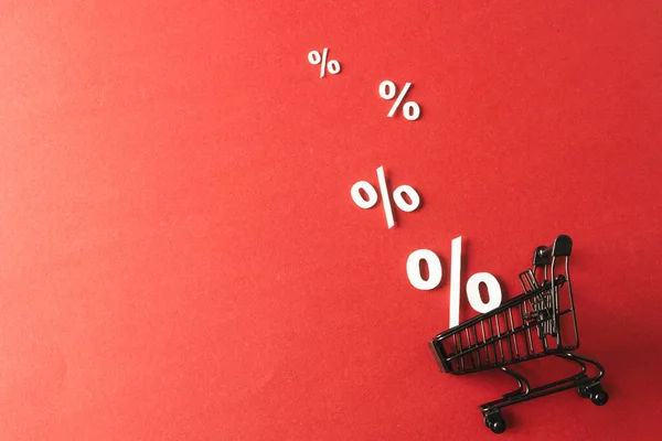 Shopping Trolley White Percent Signs Copy Space Red Background Black — Stock Photo, Image