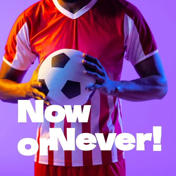 Composite Now Never Text African American Male Footballer Ball Cyber — Stock Photo, Image