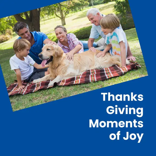 Thanks giving moments of joy text on blue with caucasian family and pet dog in garden. Thanksgiving, harvest festival, american tradition, family and autumn celebration digitally generated image.