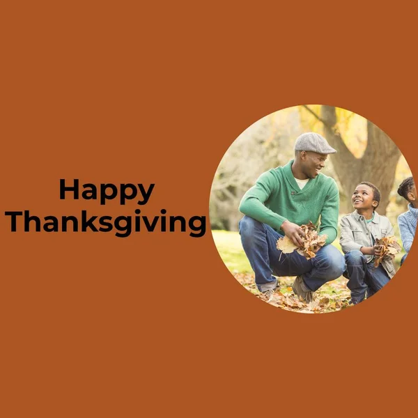 Happy thanksgiving text on brown with happy african american father and children in park. Thanksgiving, harvest festival, american tradition, family and autumn celebration digitally generated image.