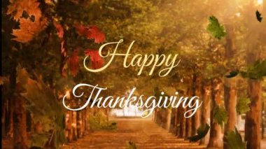 Mutlu Şükran Günü metinleri ve sonbahar yapraklarının orman parkındaki patikadan düşüşünün animasyonu. Şükran Günü ve Sonbahar sezonu konsepti