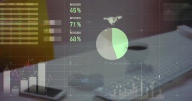 Cep telefonu, kahve fincanı, fare ve klavye üzerinden bilgi arayüzü animasyonu. Dijital bileşik, çoklu pozlama, rapor, büyüme, ilerleme, içecek, küresel ve teknoloji kavramı.