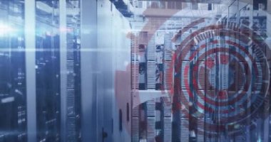 Sunucu odasındaki veri sunucularına daireler ve çubuklar yükleme animasyonu. Dijital bileşim, iş, ilerleme, şekil, veri merkezi, ağ, teknoloji ve ağ sunucu kavramı.