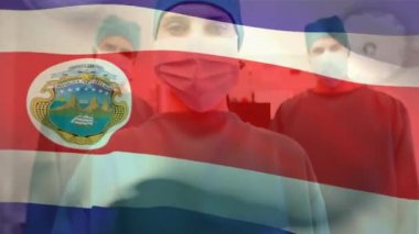 Hastanedeki çeşitli cerrahların portresi karşısında Costa rica bayrağı sallamanın animasyonu. Tıbbi sağlık ve vatanseverlik kavramı